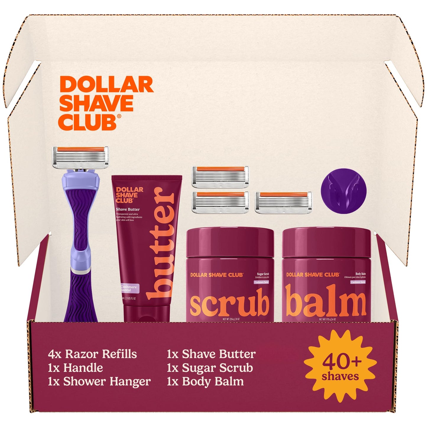 Dollar Shave Club For Women | 1 Purple Wavy Grip Handle, 4 Razor Refills, 1 Cashmere Santal Shave Butter, 1 Sugar Scrub, 1 Body Balm, 1 Shower Hanger | Razors for Women, Womens Razors for Shaving