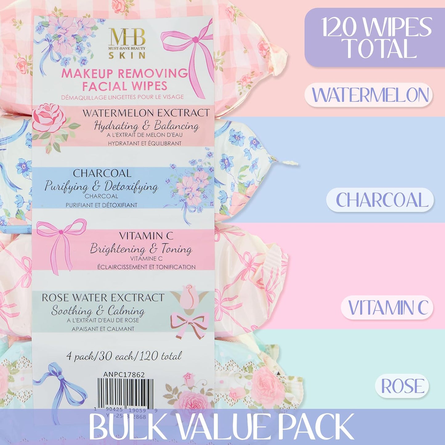 Makeup Removing Facial Wipes - 120pc Variety Pack with Watermelon, Charcoal, Vitamin C & Rose Water | Hydrating & Purifying Towelettes