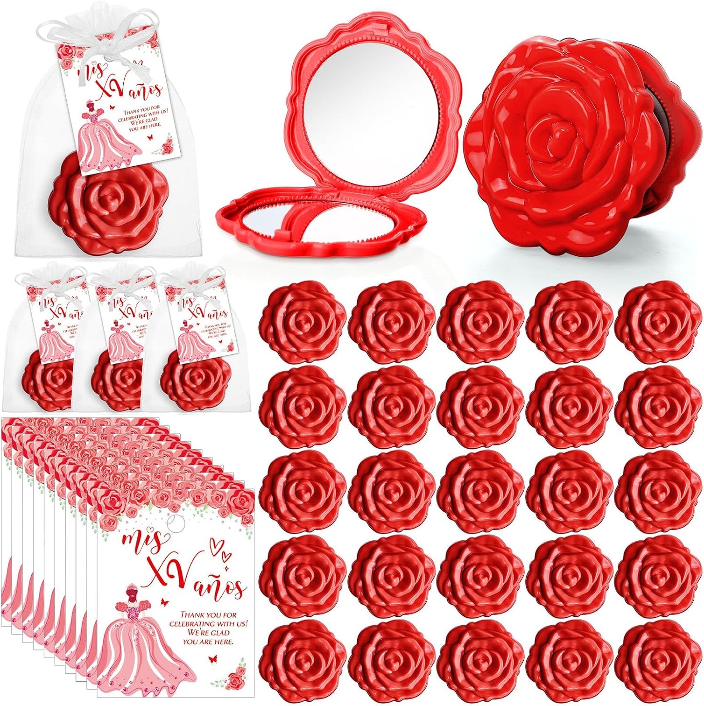 Quinceanera Party Favors - Rose Design Compact Pocket Mirrors with Thank You Cards & Organza Bags | Pink