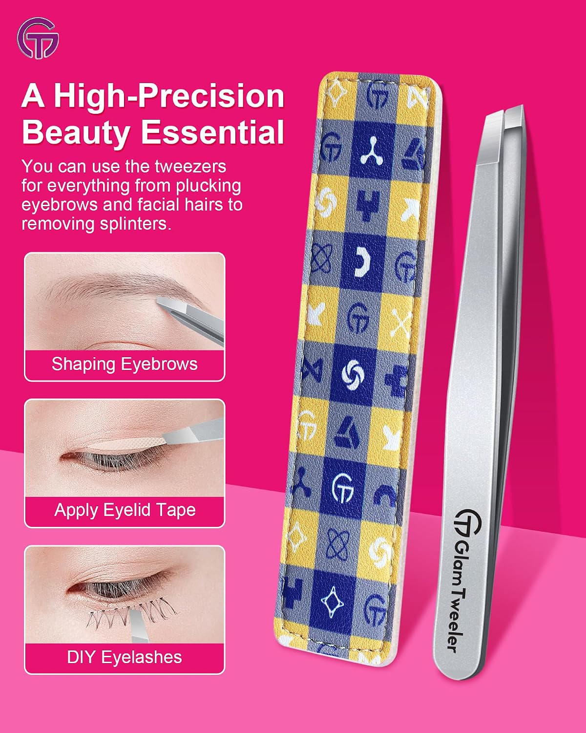 Expert Slant Tip Tweezers - Precision Stainless Steel for Eyebrow & Facial Hair Removal | Includes Leather Case (Silver)