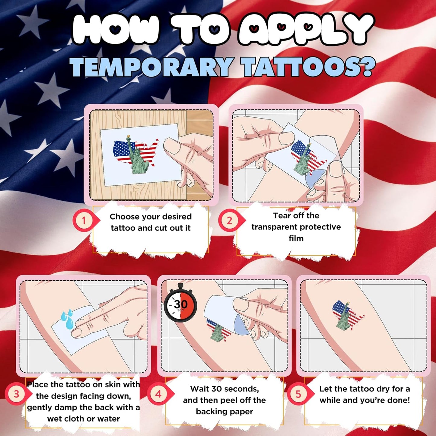 Fourth of July Temporary Tattoos - 85Pcs Patriotic Party Favors | Red, White & Blue Designs