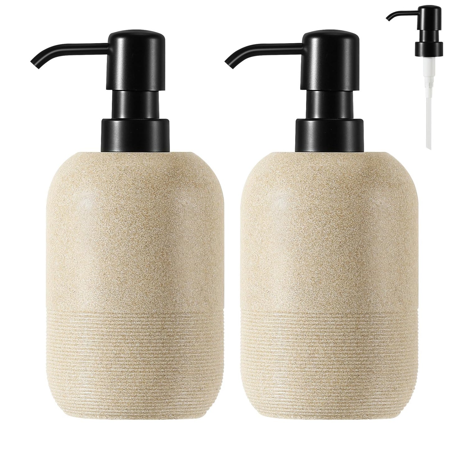 Luxspire 2 Set Soap Dispenser Cylinder-Shaped Resin and Gravel Liquid Soap Dispenser with Pump, 450ml Shampoo Container, Decorative Hand Soap Bottle for Bathroom, Kitchen and Hotel, Beige