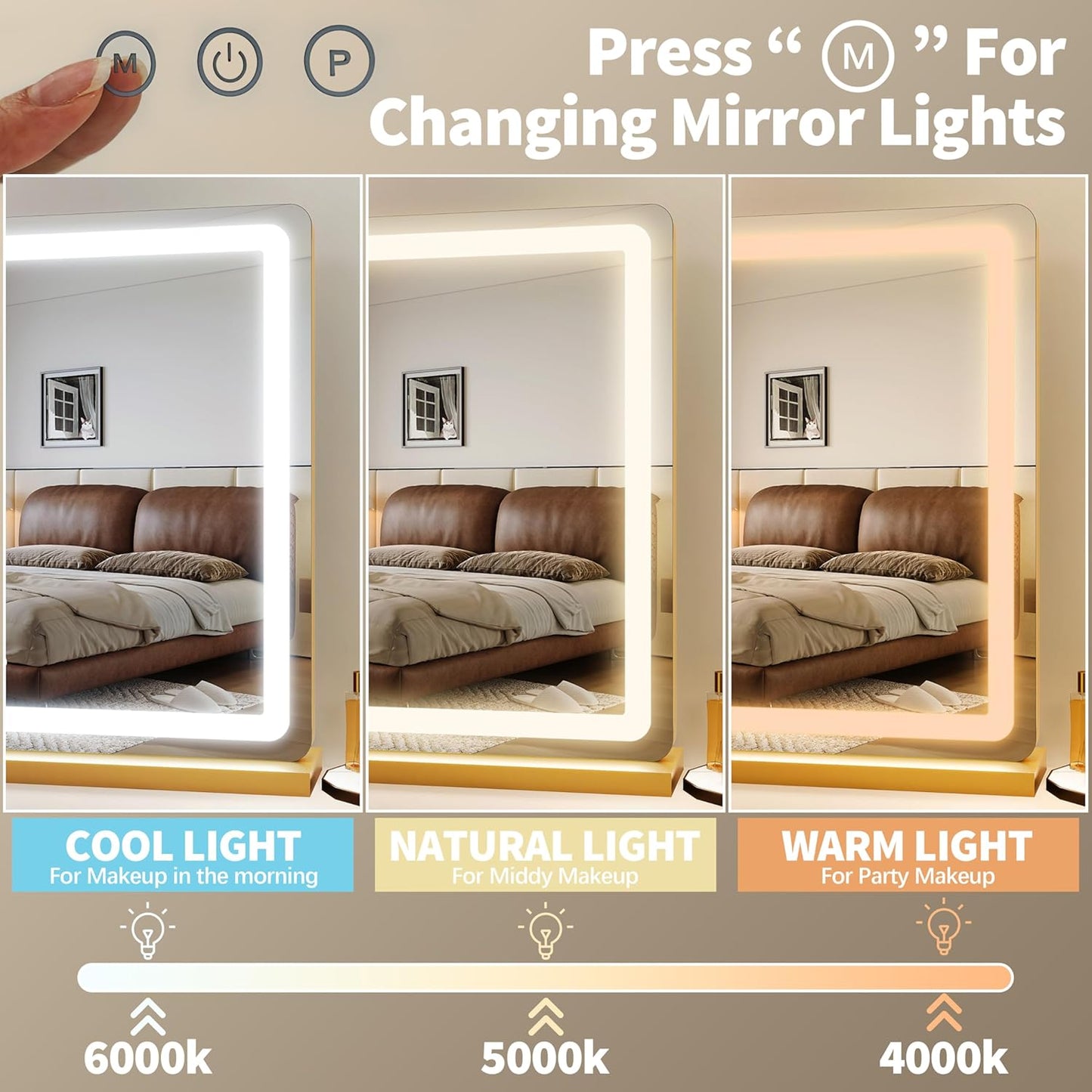 FENNIO LED Vanity Mirror with Lights - 23" x 18" Hollywood Makeup Mirror | 3 Color Modes & Adjustable Brightness, Gold Finish