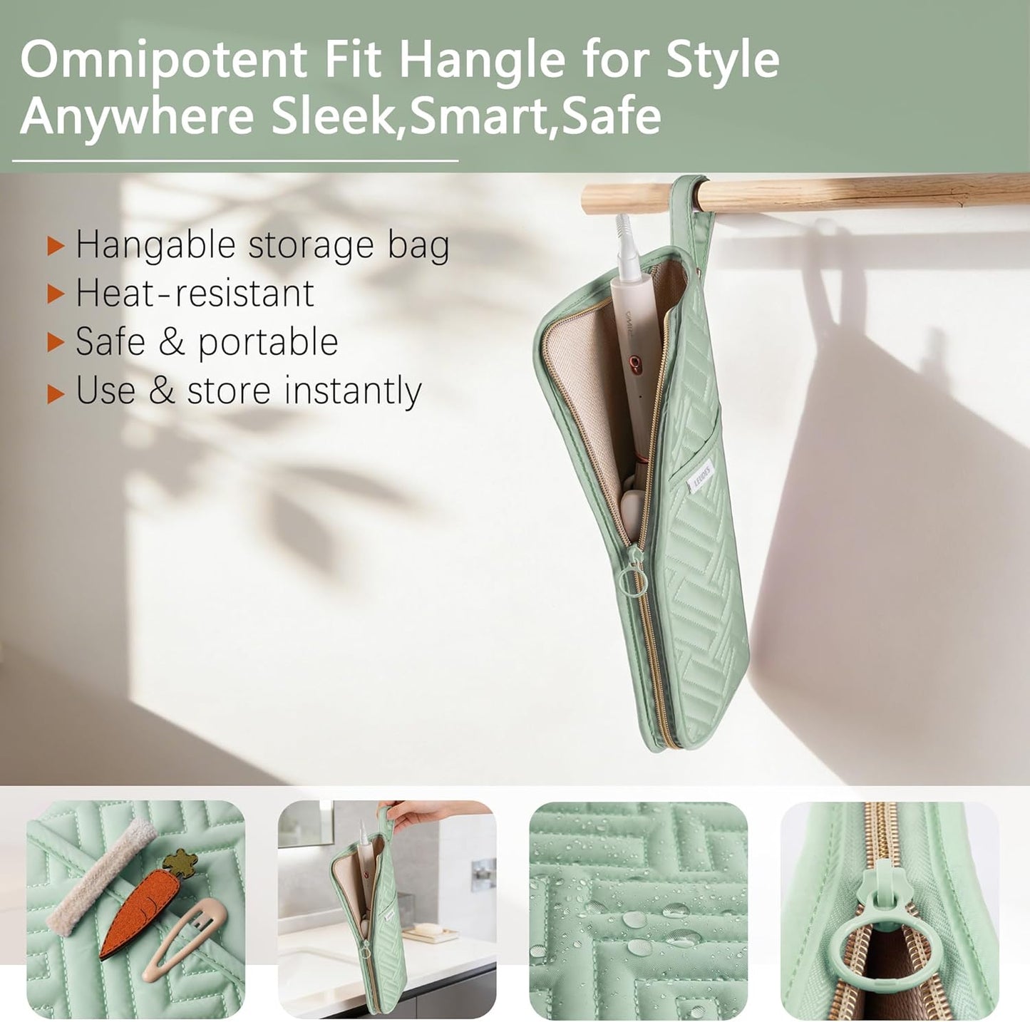 Hair Tool Organizer - Heat Resistant Mat for Flat Iron & Curling Iron | Travel Bag & Pouch in Sage Green