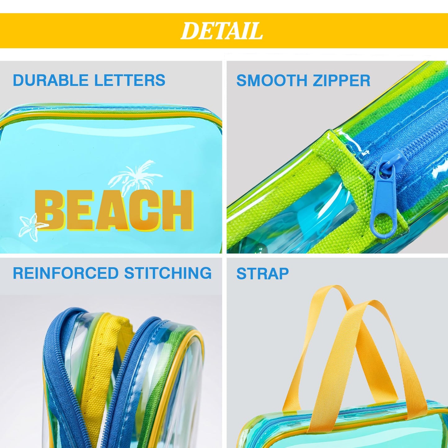 COSHAYSOO 2 Pcs Clear Sunscreen Bag with Letter, Waterproof PVC Beach Bag, Summer Beach Vacation Essential, Spf Pouch Accessories, Large Sun Screen Bag for Travel, Pool Gift for Women Teen Girls(Blue)