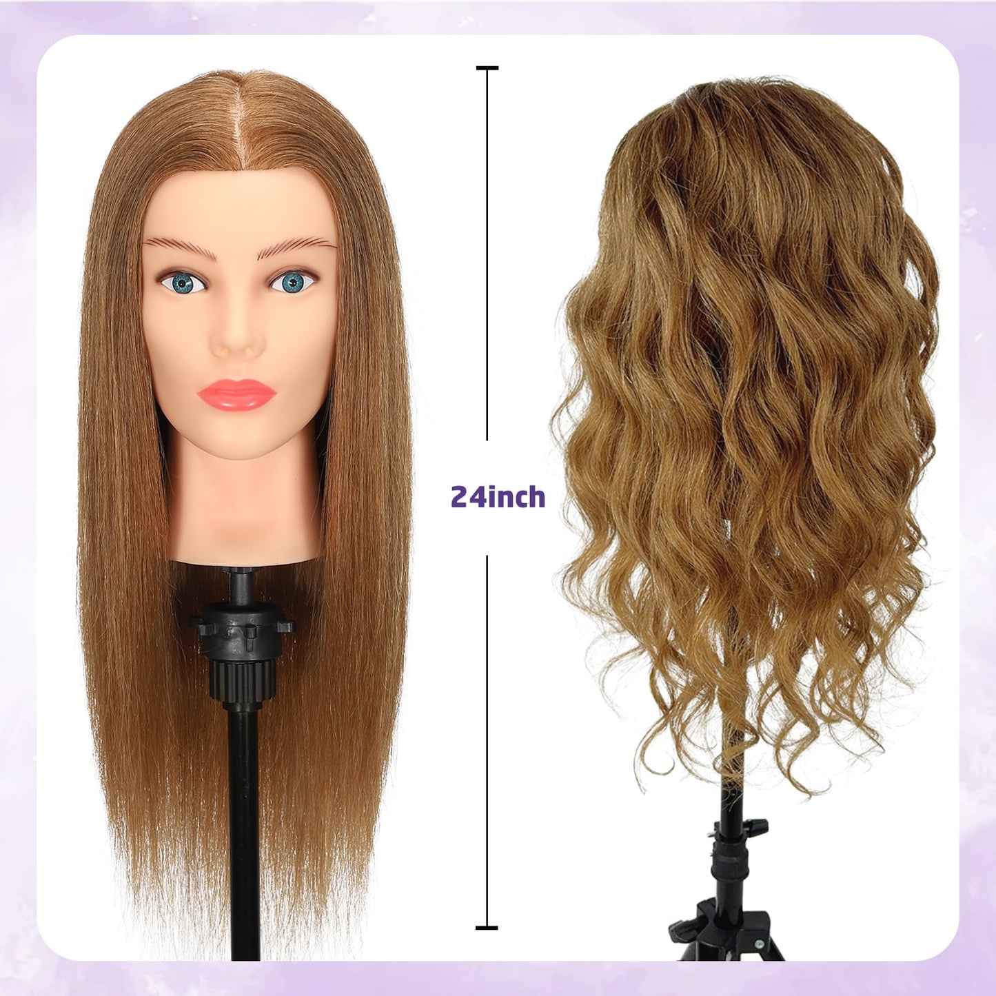 Mannequin Head Human Hair - Cosmetology Manikin Doll Head with 100% Real Hair for Hairdresser Practice Styling Braiding & Free Clamp Holder (Light Brown)