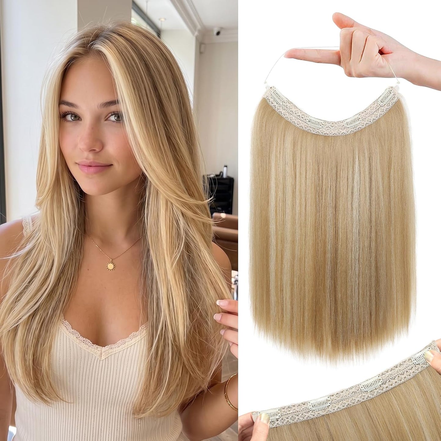 Invisible Wire Hair Extensions - Thinner Softer Lace Weft, 12" Short Straight Clips | Ash Blonde with Highlights