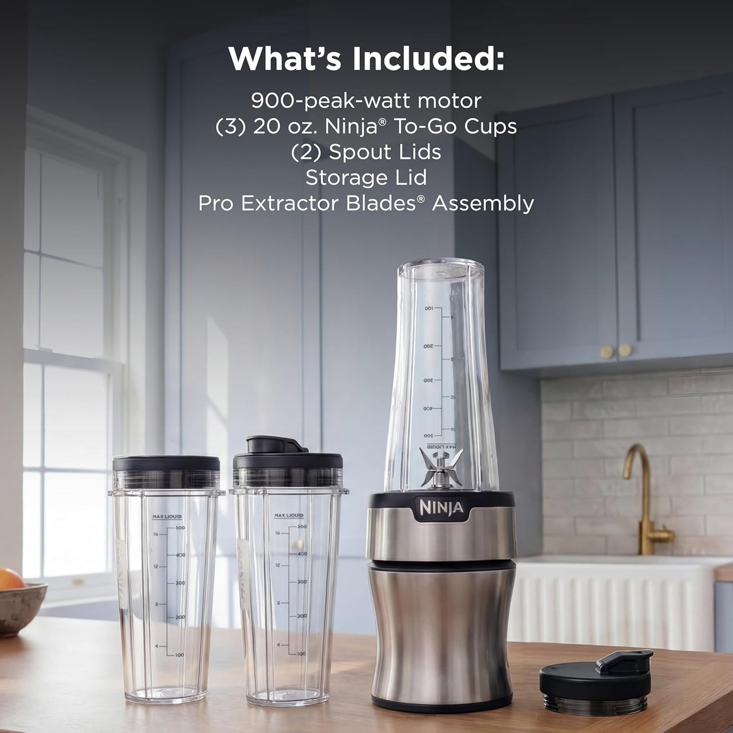 Ninja Nutri-Plus Personal Blender - Compact 900W Blender for Smoothies & Frozen Drinks | 3 To-Go Cups & Lids | Silver