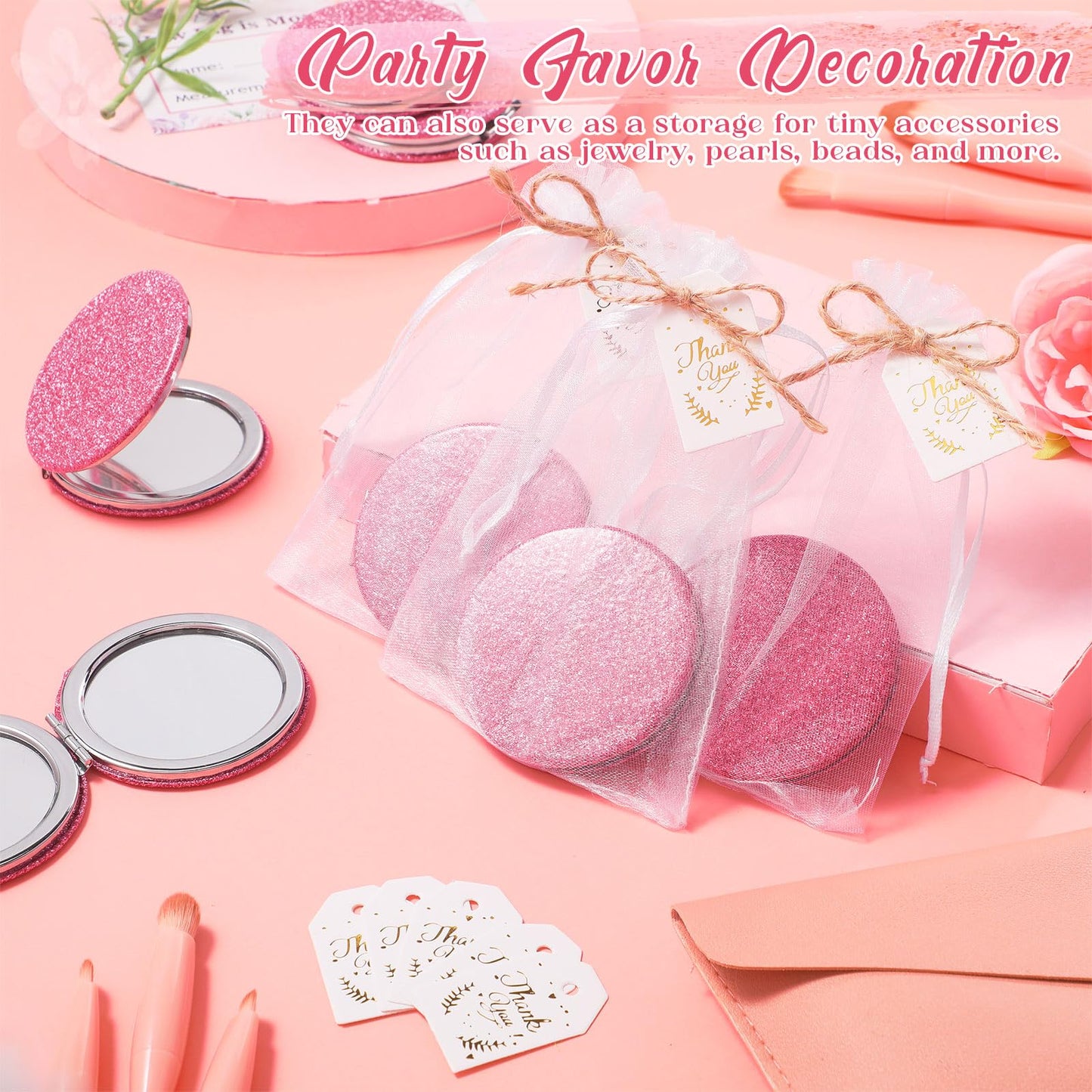 Chunful 30 Set Compact Mirrors Gifts with Thank You Card Quinceanera Party Favors for Guests Women Bridal Shower Wedding Bridesmaids Bachelorette (Pink)