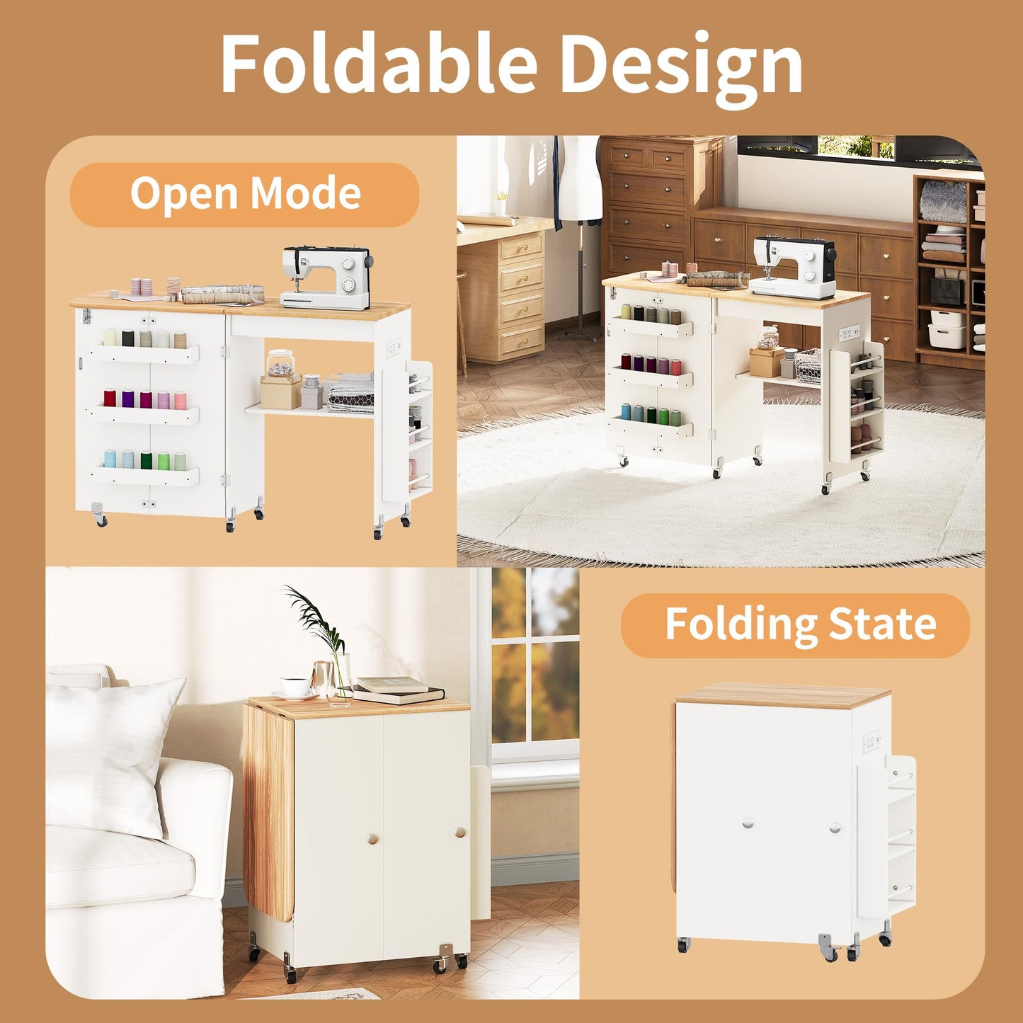 Folding Sewing Table with Power Outlet, Rolling Sewing Desk with Side Storage Rack, Compact Portable Sewing Cabinet for Sewing Machine, Craft Table Organizer for Home (White)