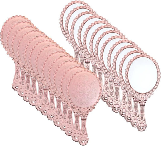 Vintage Handheld Mirror Set - 12 Pcs Portable Pink Embossed Flower Design | 9.6" L x 4.5" W for Makeup, Travel & Parties
