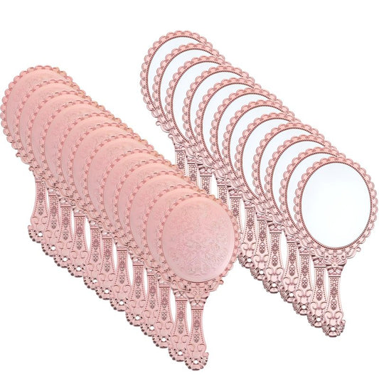 Neyauo 12 Pcs Vintage Handheld Mirror 9.6" L x 4.5" W Portable Pink Embossed Flower Mirrors Princess Mirror Party Favors Retro Hand Held Decorative Mirrors Bulk for Makeup, Travel, Party, Classroom