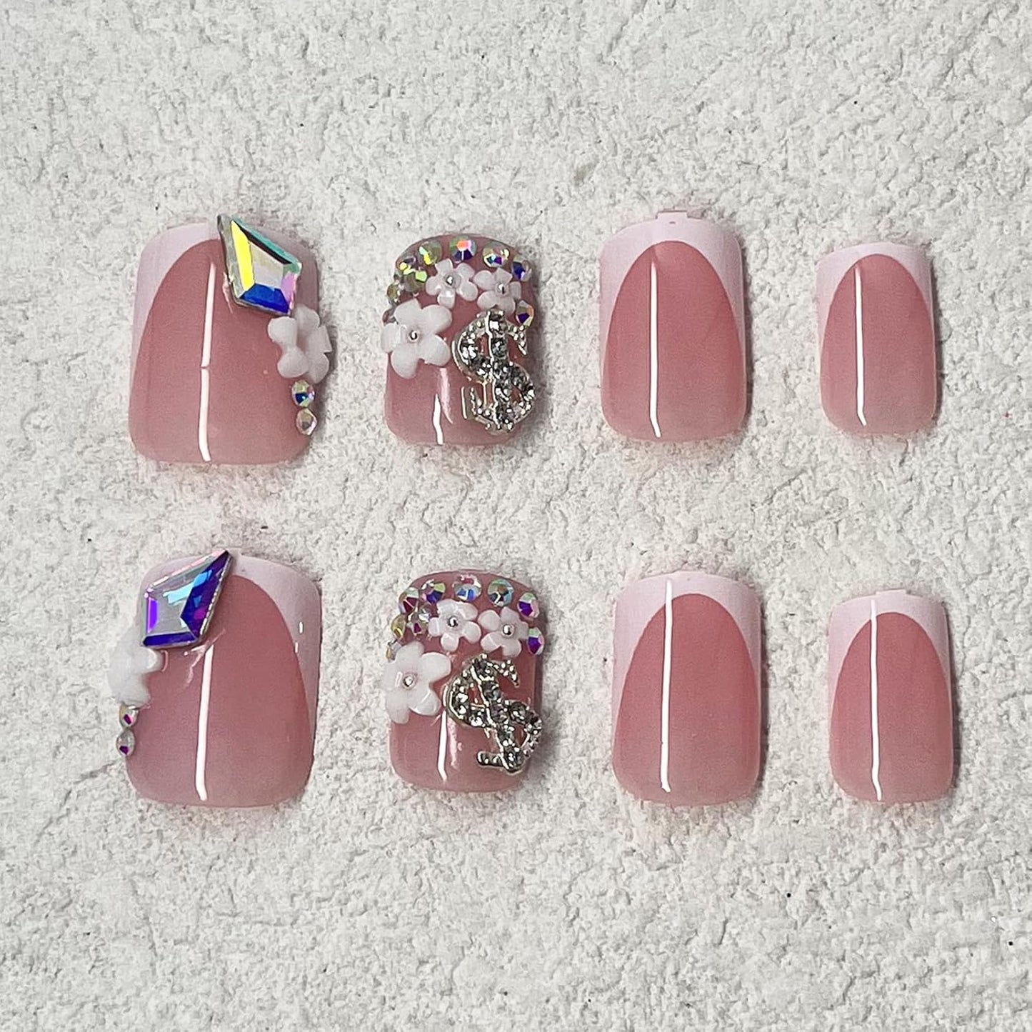 French Tip Press-On Nails - Short Square Design with 3D Flower Charms & Silver Rhinestones | Glossy Nude Pink, 24 Pcs