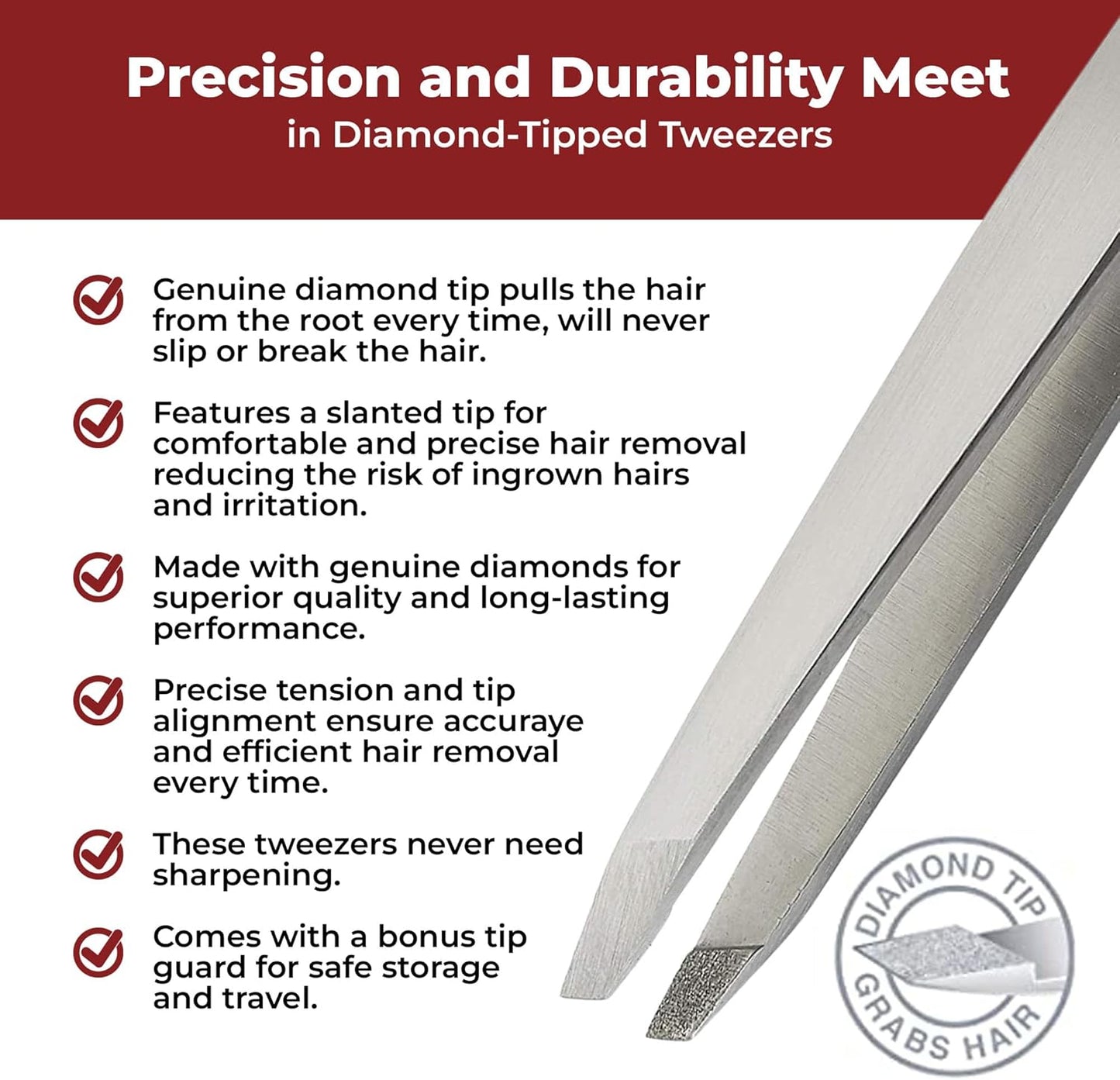 Diamond Tip Tweezer - Precision Slant Tips for Eyebrow & Facial Hair Removal | Surgical Grade Steel Tool