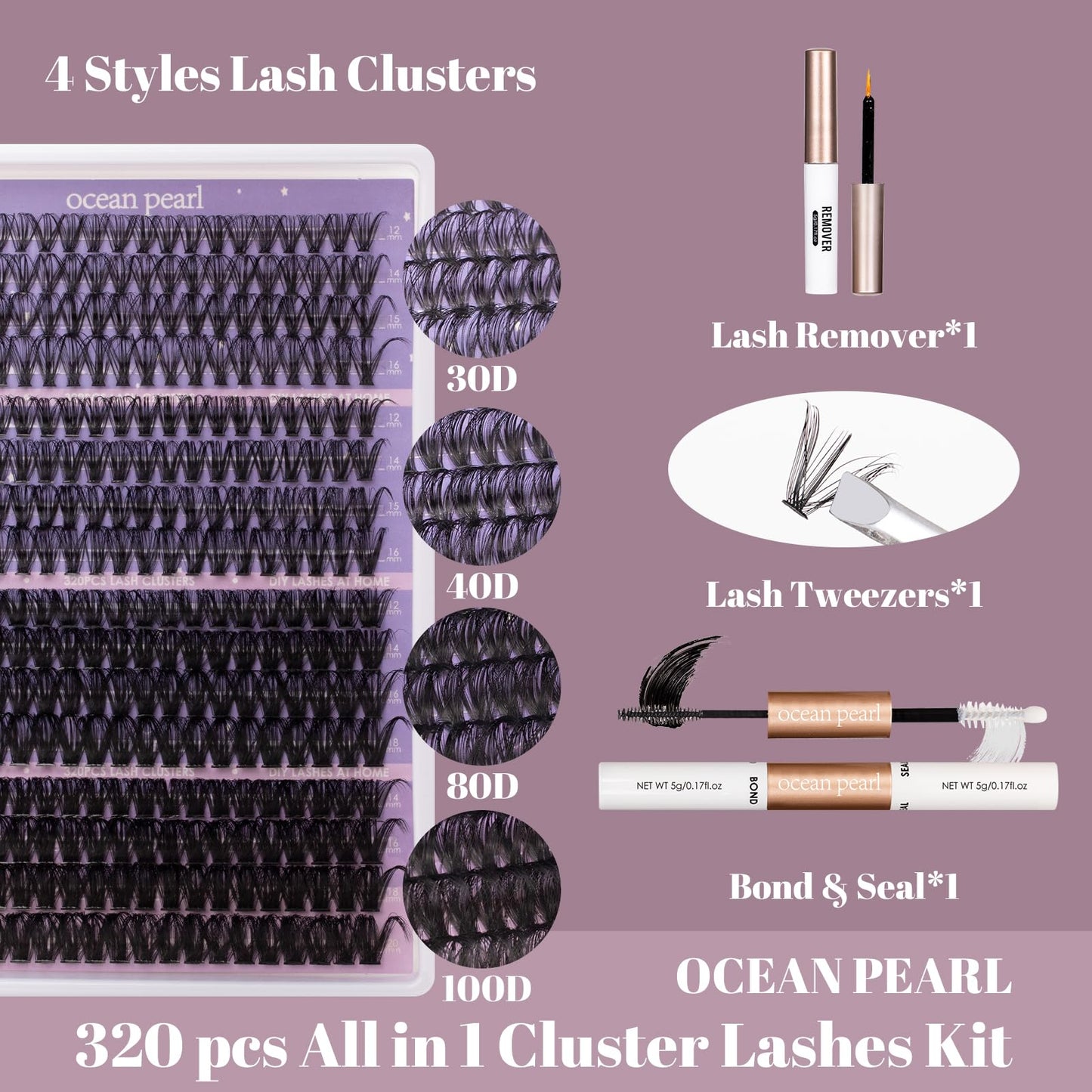 Ocean Pearl Lash Clusters 320PCS 12-20MM 30D+40D+80D+100D Lash Extension Kit Lashes Clusters Eyelashes Cluster Eyelash Extensions Thick Individual Lashes Kit with Lash bond&seal&remover&tweezer-4