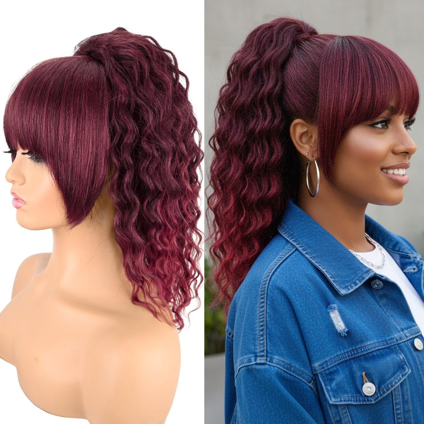 Ponytail Extension with Bangs - Yaki Curly 20 Inch Drawstring Hairpiece | Wavy Layered Synthetic Ponytail for Women
