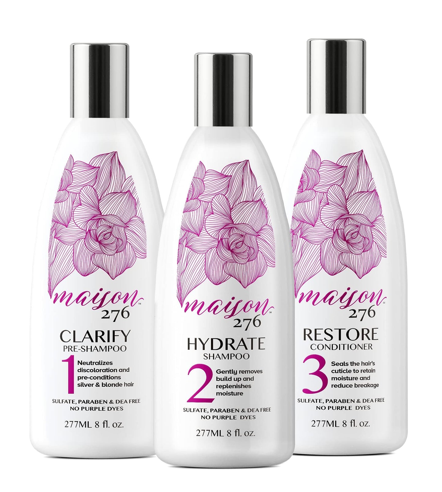 Maison 276 Pre-Shampoo, Shampoo and Conditioner for Silver, Gray & Blonde Hair, 3-Step System, Tone-Brightening & Enhancement, No Purple Dyes, Neutralizes Brassiness, Sulfate-Free, 3 x 8 oz Btls