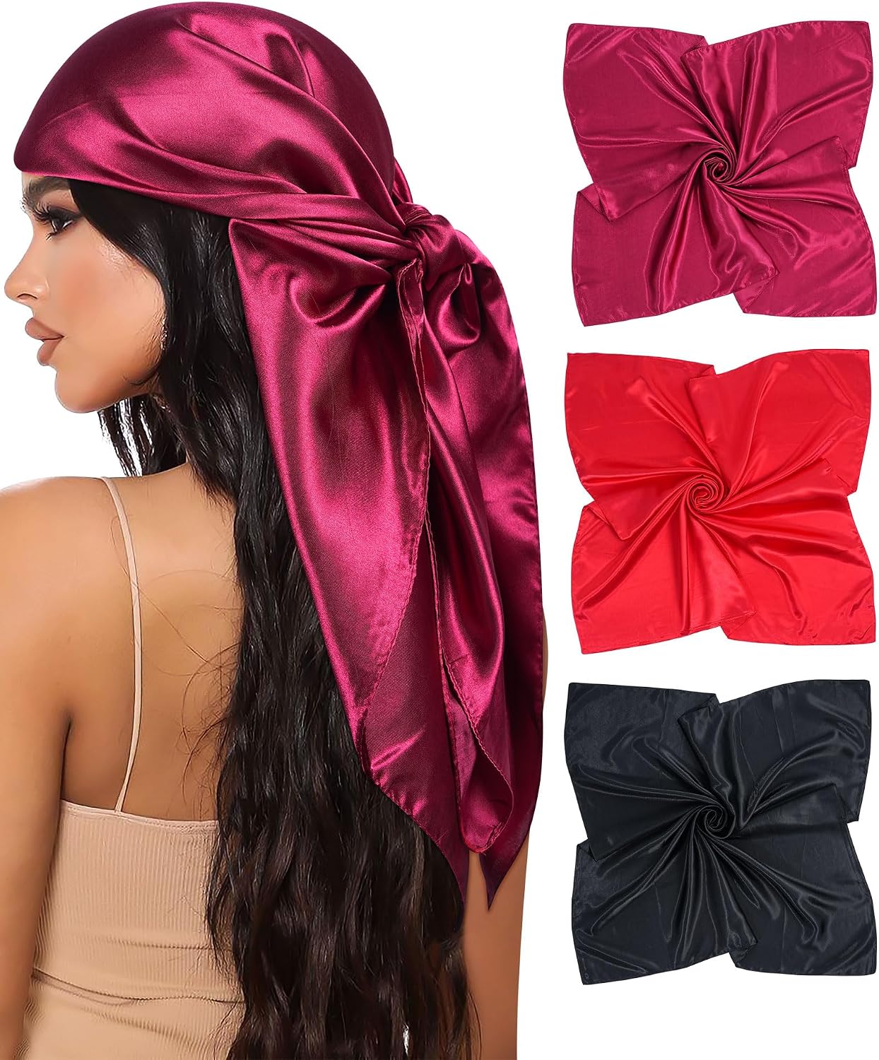 Silk Satin Head Scarf for Women - 35” Square Bandanas | 3 Pack Hair & Neck Scarves for Sleeping