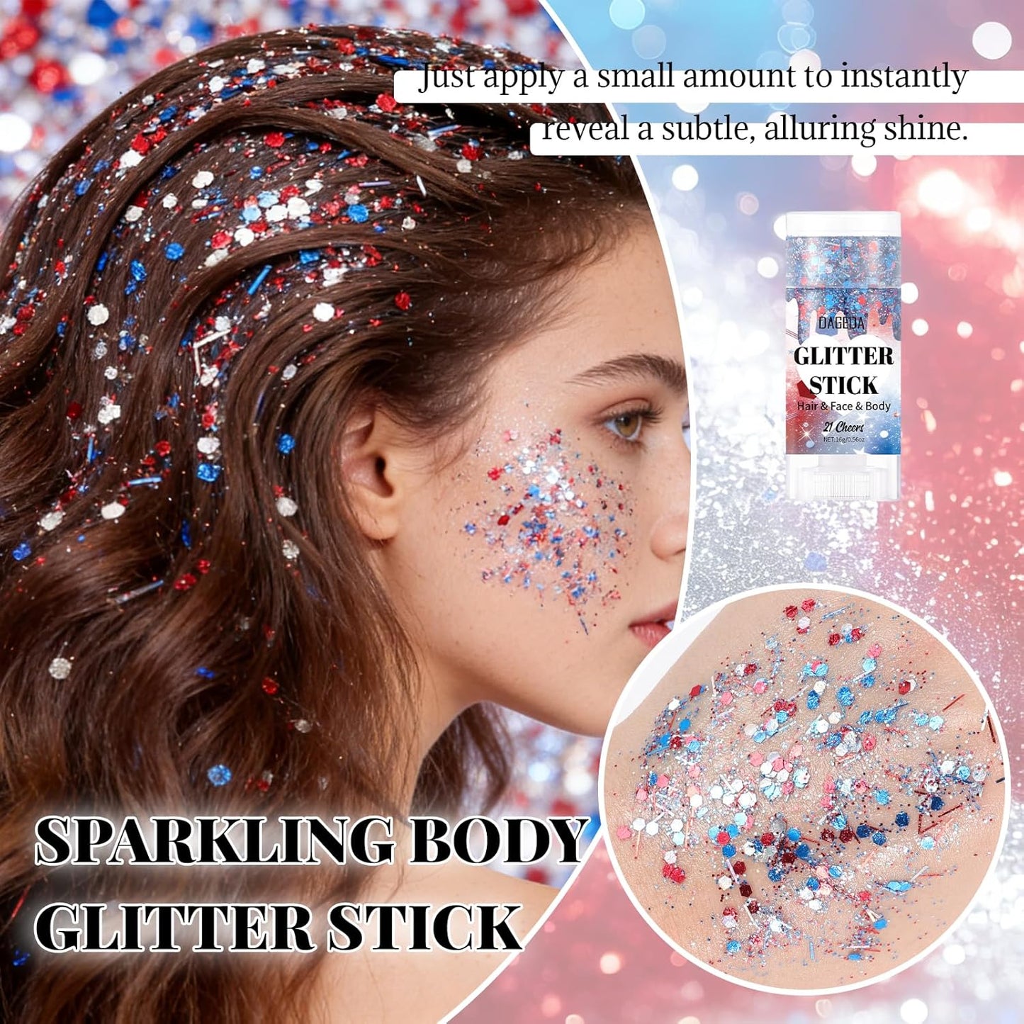 Red White Blue Body Glitter Stick - Sparkly Face Glitter Makeup for 4th of July | Shimmer Face Paint Stick