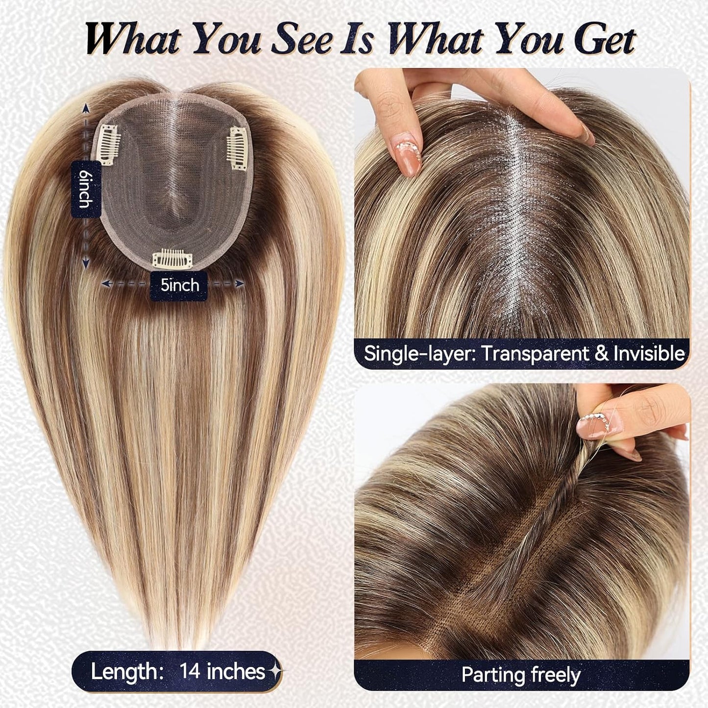Real Human Hair Toppers for Women - 14 Inch Silk Base | Ash Blonde Mixed Brown with Bangs - 60g