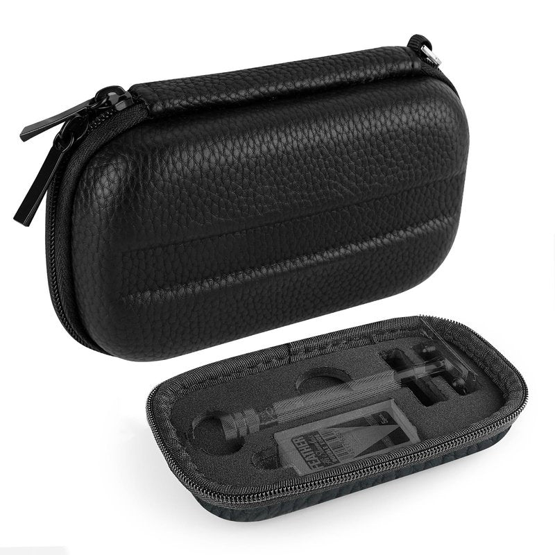 Linkidea Hard Travel Case Compatible with Vikings, Merkur, Shaving Revolution Double Edge Safety Razor, Storage Box Organizer for Safety Razor & Shaving Attachments (Lychee Vegan Leather), Black,