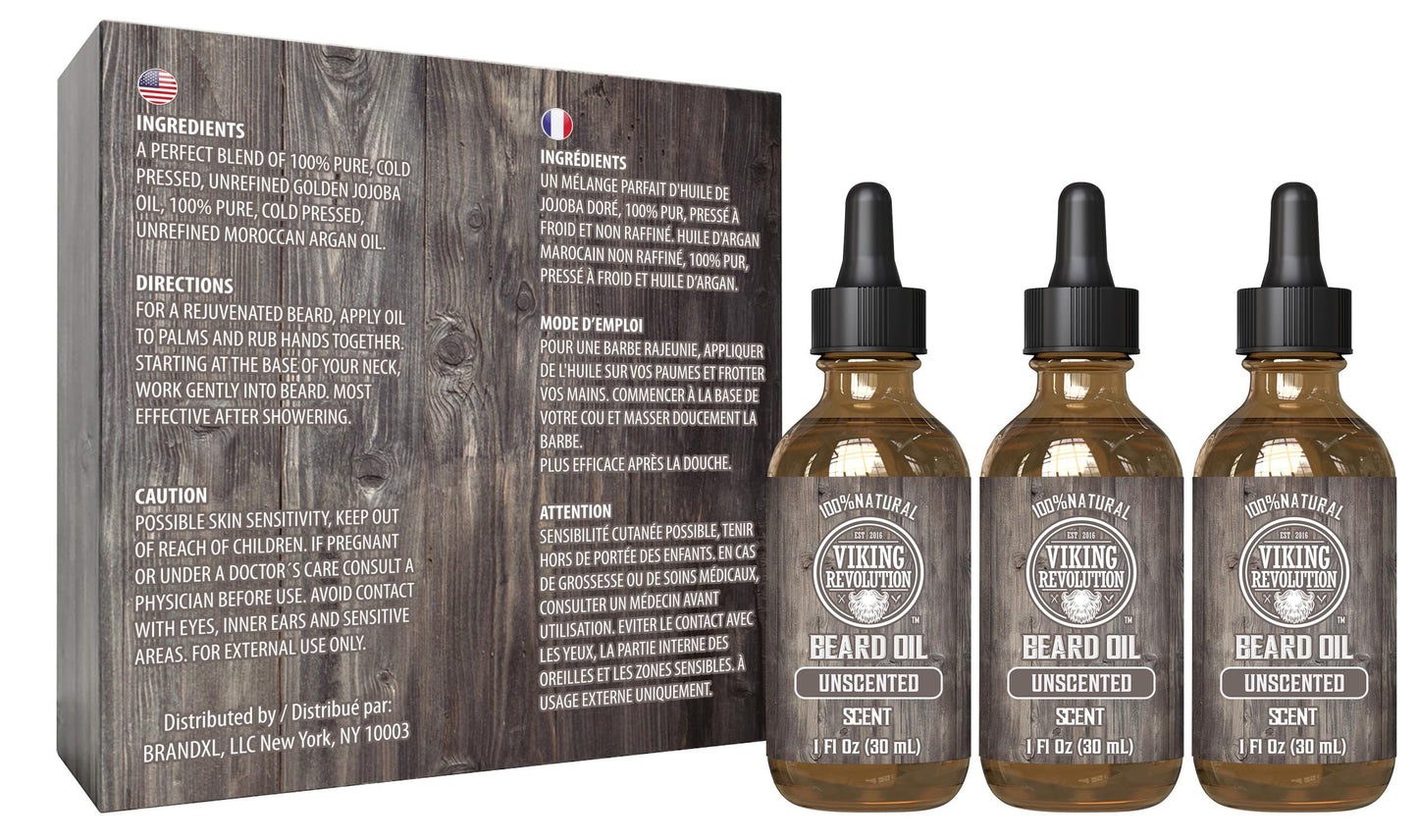 Viking Revolution Beard Oil for Men - Unscented - Natural Mens Beard Oil with Argan Oil and Jojoba Oil - Beard Softener, Strengthens and Moisturizes - Beard Conditioner for Men (3 Pack, 3 Fl Oz)