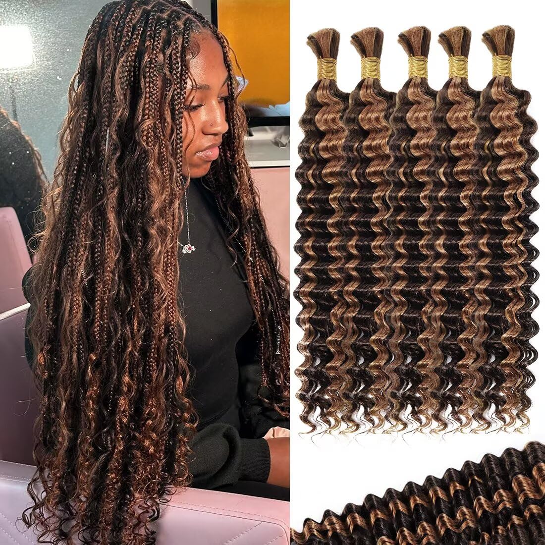 160g 5 Bundles P4/30 Deep Wave Human Braiding Hair 18 Inch Bulk Human Hair for Braiding No Weft Human Braiding Hair for Boho Braids Wet and Wavy 100% Brazilian Virgin Curly Hair