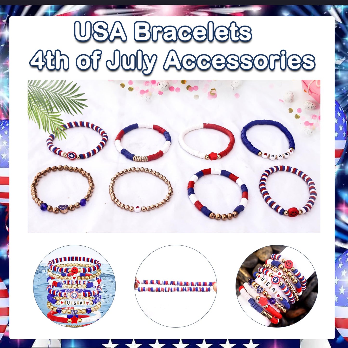 lakayfimily 250 Anniversary USA Merchandise 4th of July Outfits for Women Men Teens Red White Blue Clay Beaded Stretch Bracelets USA Patriotic Jewelry 4th of July Accessories