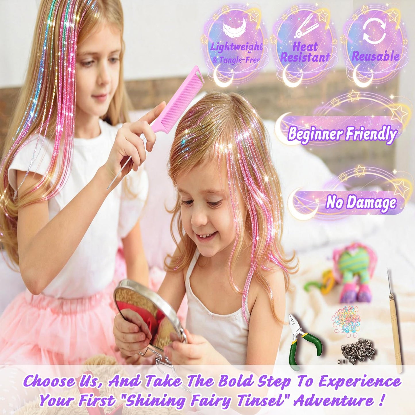 Hair Tinsel Kit With Tool - 4200 Strands, 12 Colors, Heat Resistant, Sparkling Shiny Highlights (48")