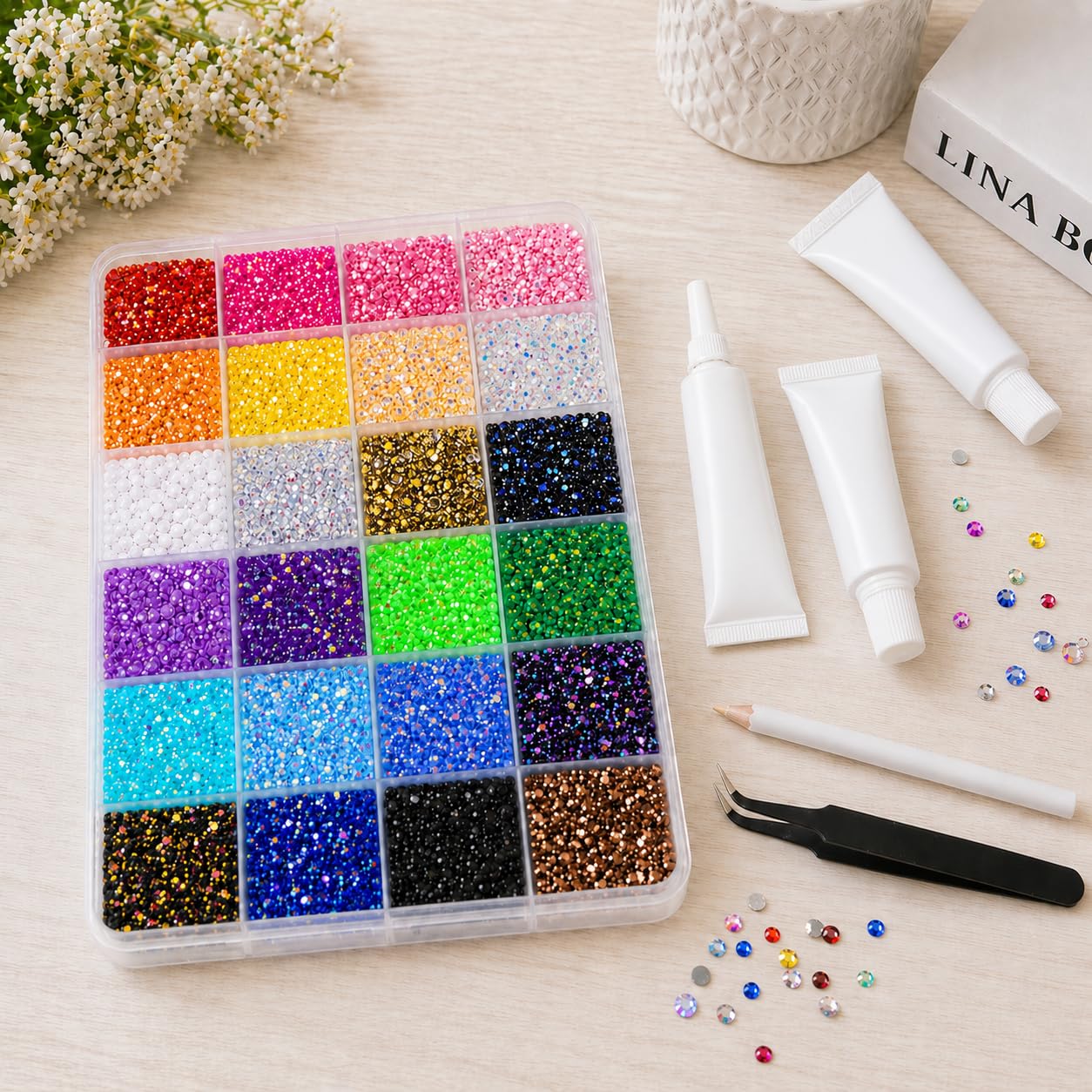 BlissVeritura 24 Colors Bedazzling Kit with Jelly Rhinestones, 32000PCS 3mm Flatback Resin Rhinestones with Craft Accessories, Nail bedazzler Gems, Rhinestone Kit for Crafts, Nail Art and Cloths
