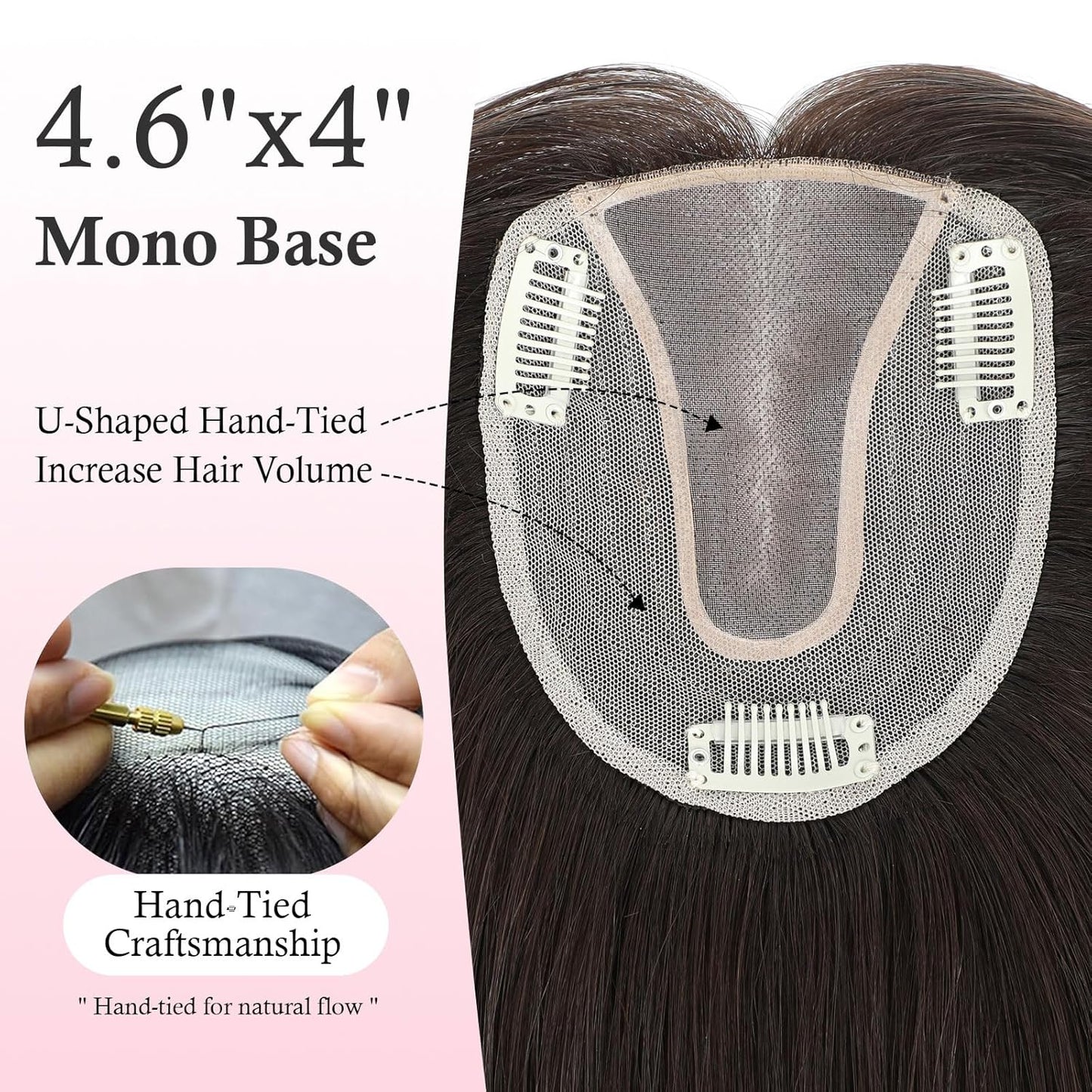Real Human Hair Toppers for Women - 12 Inch Thinning Hairpieces | Dark Brown Color