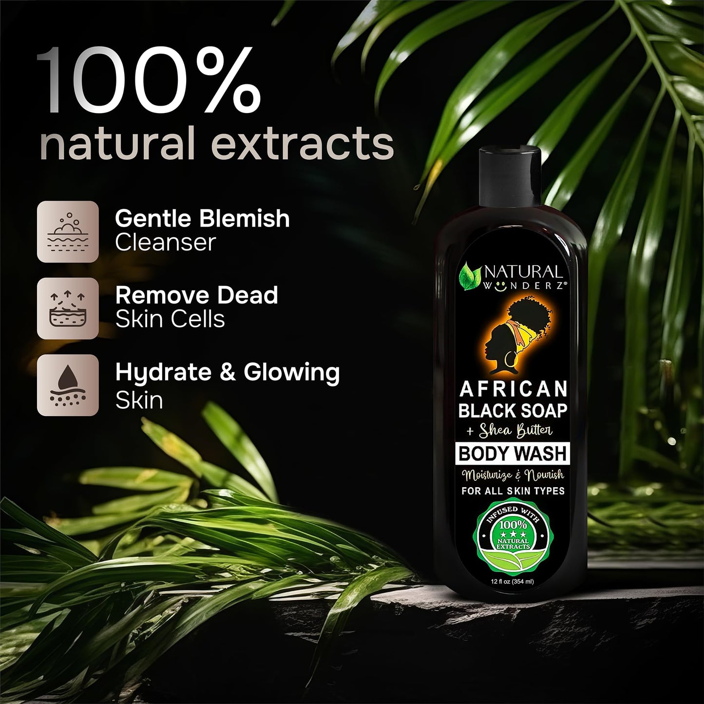 Natural Wunderz African Black Soap Body Wash, 12 oz – Sulfate‑Free, Vegan Cleanser with Shea Butter – Soothing, Detoxifying Shower Gel for Men & Women