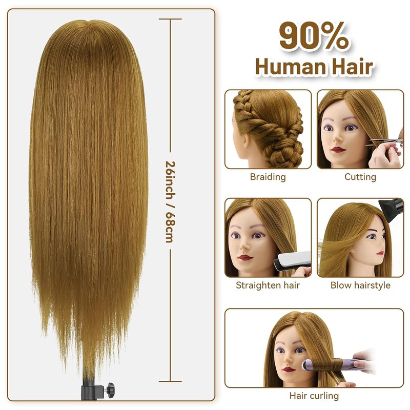 Mannequin Head with 90% Human Hair - 26-28" Realistic Hair Styling Doll for Cosmetology Training & Hairdressers