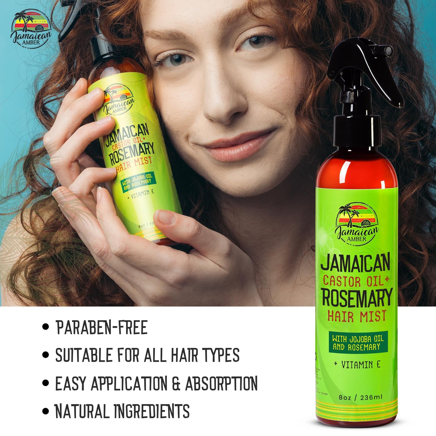 JAMAICAN Ambre Leave in Hair Mist - 8 fl oz / 236 ml - Strengthening Hair Spray, Detangles Knots, Refreshes Scalp, Instant Hydration, Hair Strength - Nourished Hair Scalp with Rosemary & Castor Oil