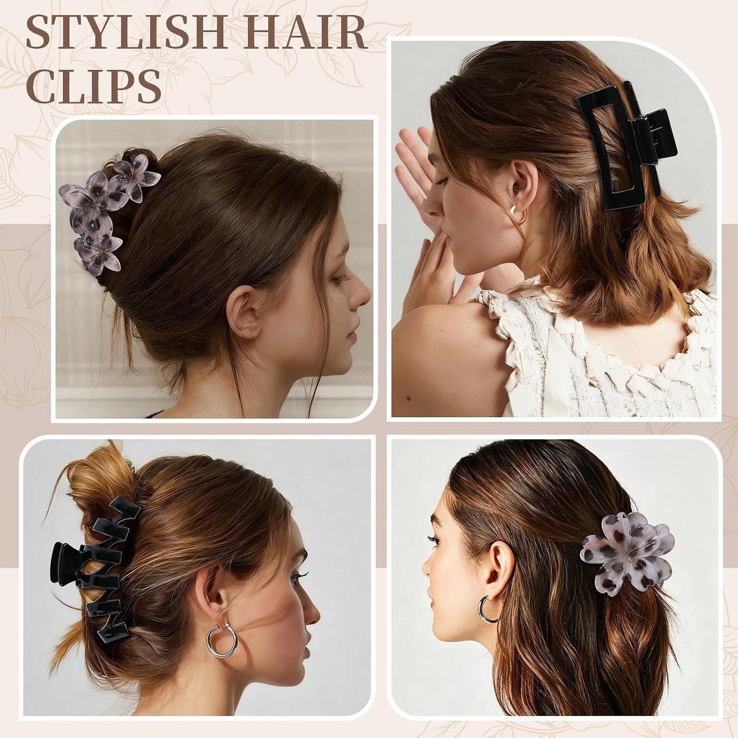 Hair Clips for Women - 8 Pcs Stylish Flower Claw Clips for Strong Hold | Black & White Tortoise