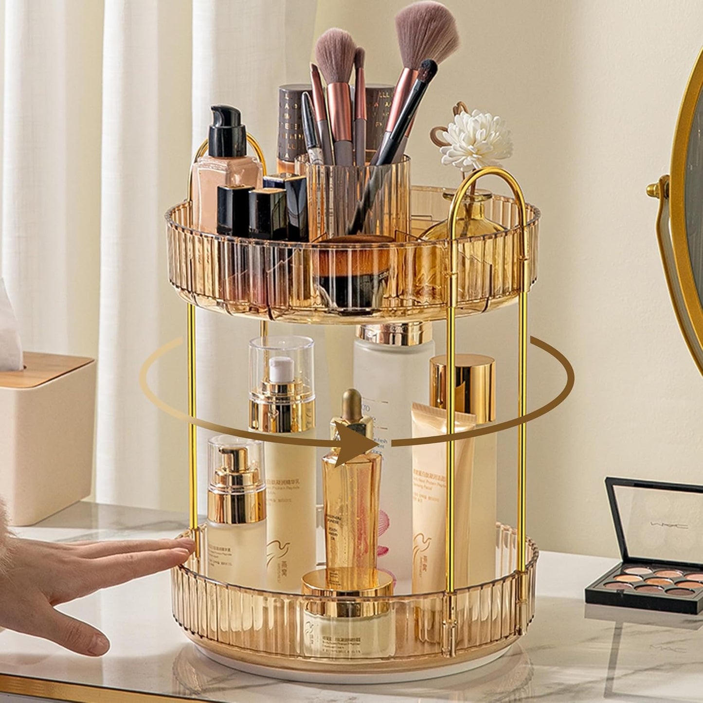 Rotating Makeup Organizer - 3 Tier Clear Cosmetic Holder for Vanity | Grey Perfume & Skincare Storage