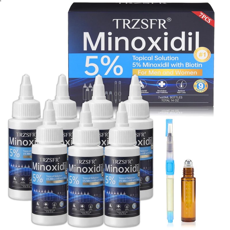Minoxidil 5% Hair Growth Solution - Extra Strength for Men & Women | 7 Bottles, Roller & Precision Applicators