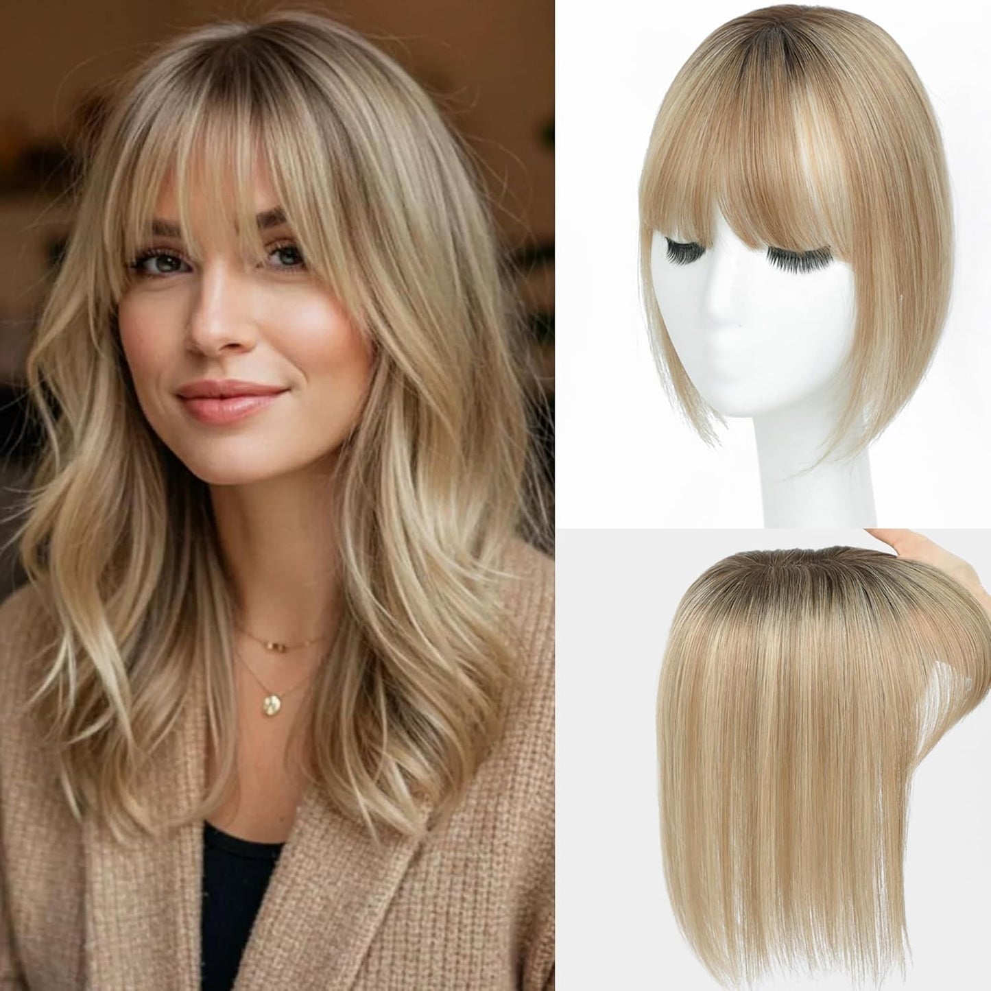 Human Hair Toppers for Women - Real Hair Pieces with Bangs | 360° Coverage, 10-Inch, 30g