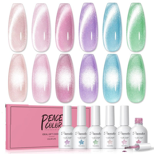 PEACECOLOR Cat Eye Gel Nail Polish Set, 6 Colors Spring Blue Green Pink Glitter Manicure Starter Kit for Salon Need Lamp Curing Nail Art DIY at Home1