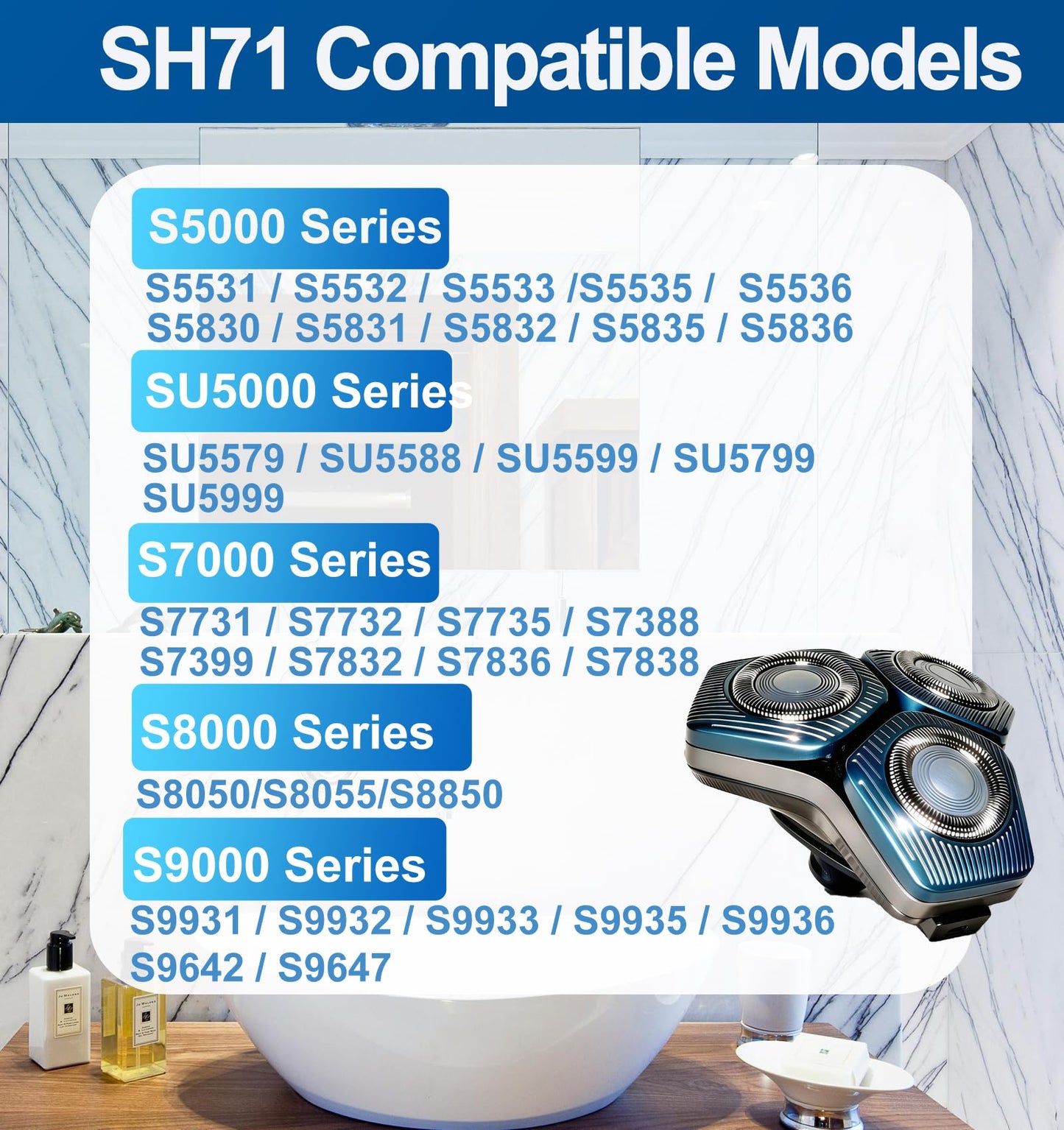 SH71 Complete Replacement Shaving Head compatible with Philips Shavers Series 7000 (S7XXX) and Series 5000 (S55XX)，SH71 Complete Shaver Head with 15 Precision Blades