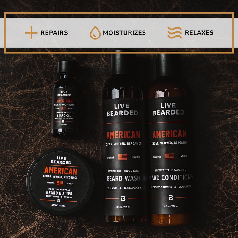 Live Bearded Complete Beard Grooming Kit - Wash, Conditioner, Butter and Oil - Made in the USA with All-Natural Ingredients - Mens Groom Set | American Scent - Cedar, Vetiver, Bergamot