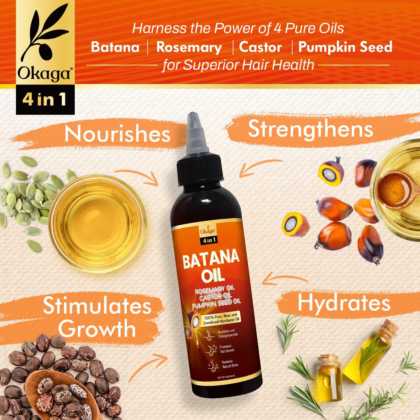 Batana Oil for Hair Growth - 100% Pure Unrefined Formula with Rosemary, Castor & Pumpkin Seed Oils | Nourishes & Strengthens Hair (5oz)