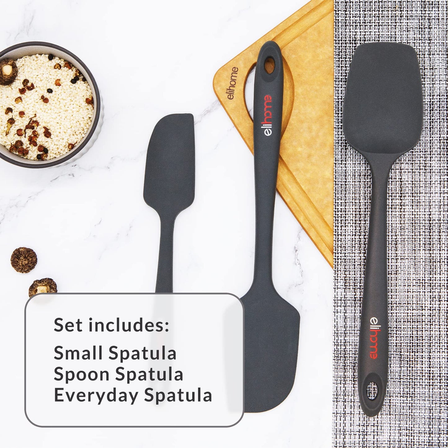 Elihome Chef Series 3 Piece Silicone Spatula Set - 600°F Heat Resistant Non Stick Rubber Kitchen Scraper Spatulas for Cooking, Baking, and Mixing – BPA Free and LFGB Certified Silicone (Grey)