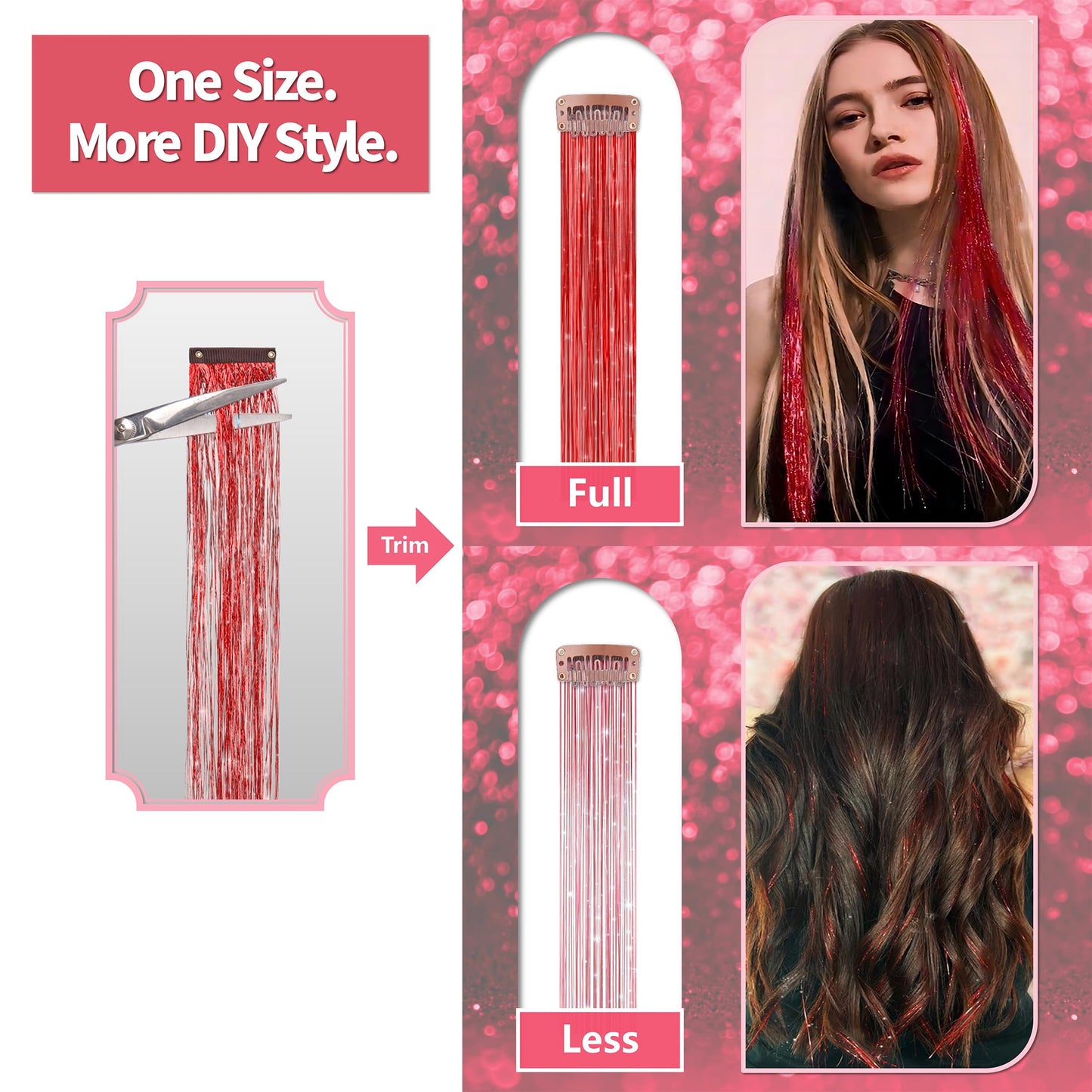 ONROCL Hair Tinsel Clip in Extensions 12Pcs 24 Inch Dreamy Colorful Glitter Hair Tinsel Kit for Fairy Grunge Hair Accessories Women Girls Festival Party Christmas New Year
