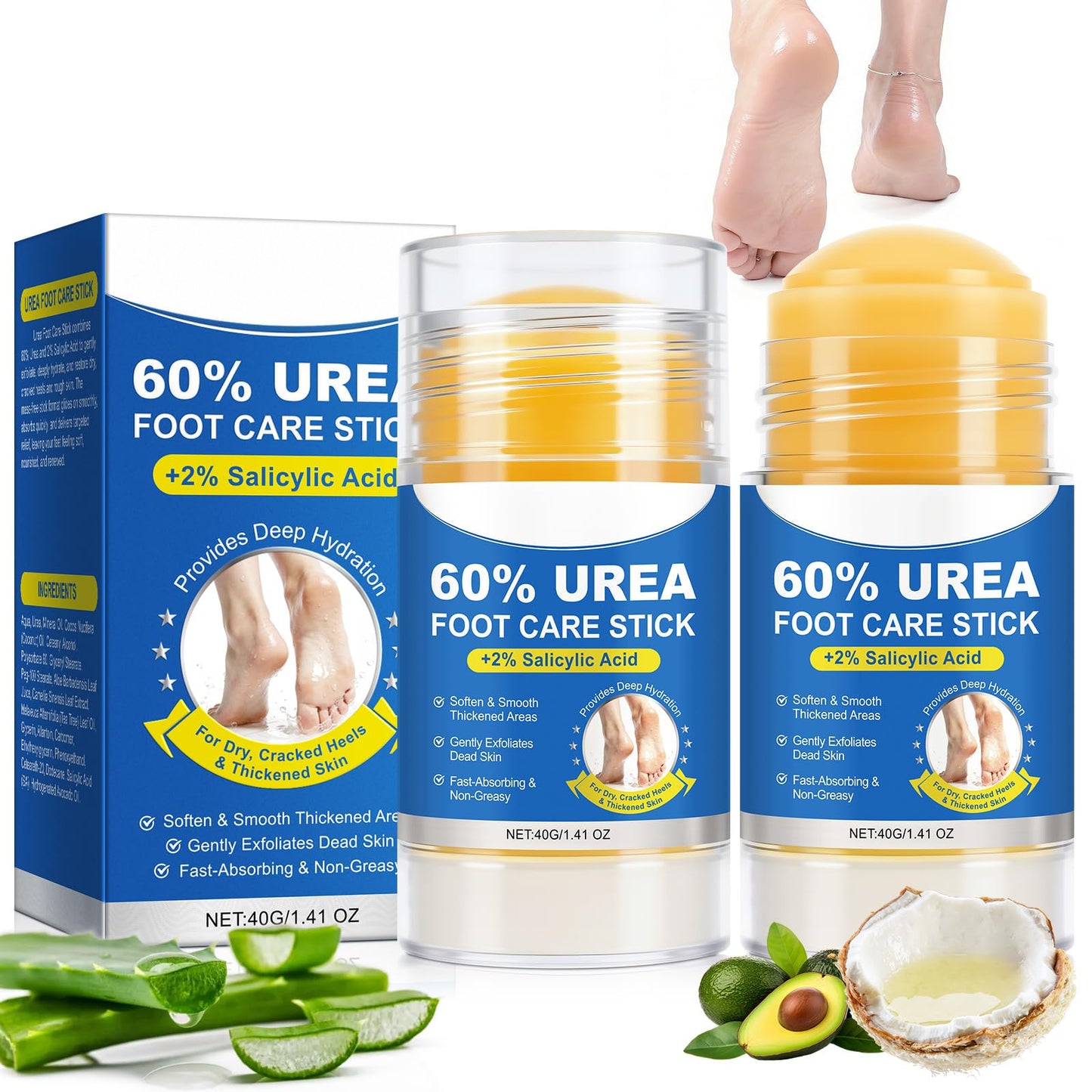 liiutry 60% Urea Cream with 2% Salicylic Acid, Maximum Strength Urea Foot Cream for Dry, Cracked Feet and Heels, Urea Foot Care Stick for Callus Removal, Rapidly Softens Rough Skin-1.41 oz(2pcs)