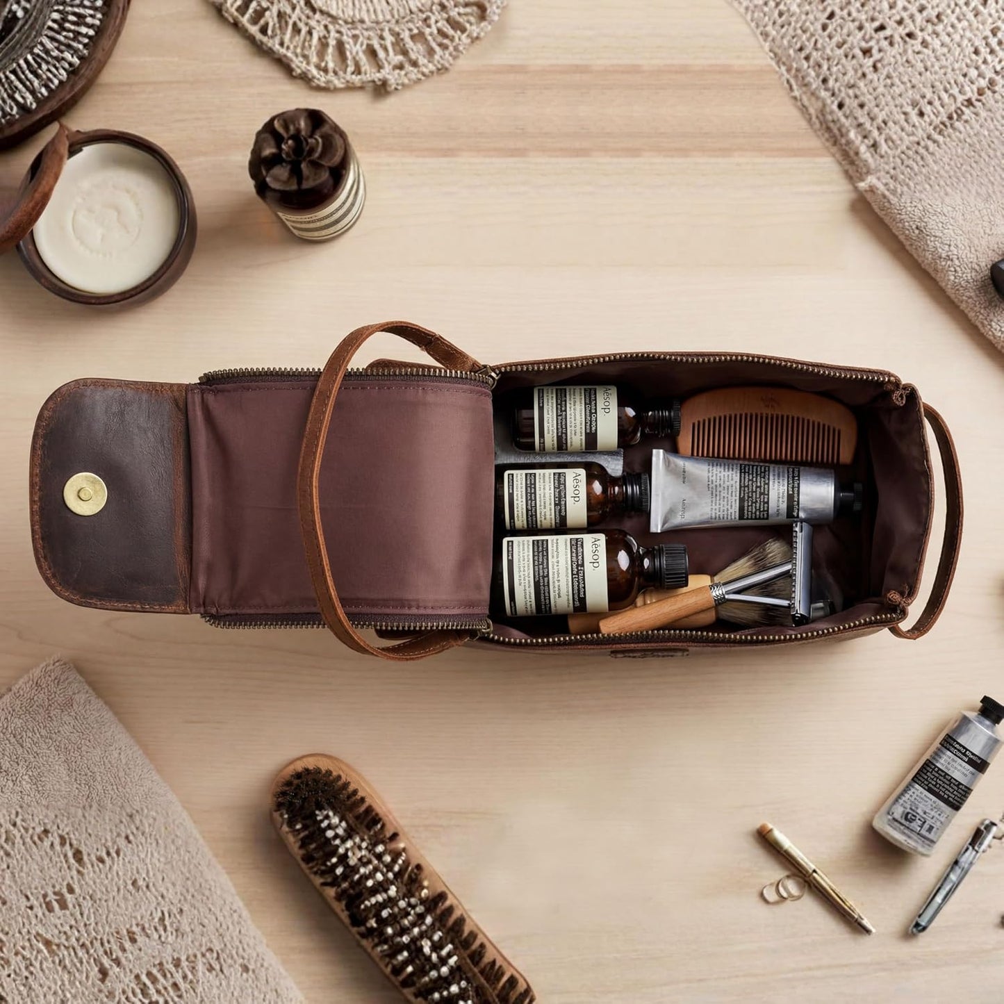 Full Grain Leather Toiletry Kit - Water-Resistant Travel Organizer for Men & Women | Rustic Brown Grooming Case