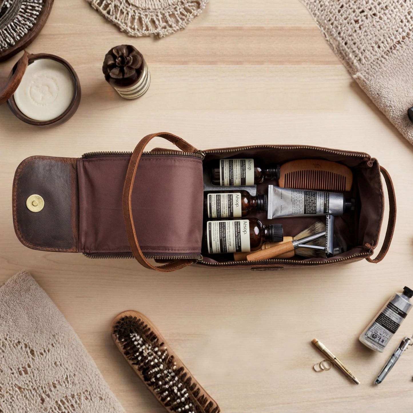 Full Grain Leather Toiletry Kit for Men & Women – Travel Toiletries & Shaving Bag Organizer, Water-Resistant Grooming Case for Bathroom, Makeup & Cosmetic Storage - Rustic Brown