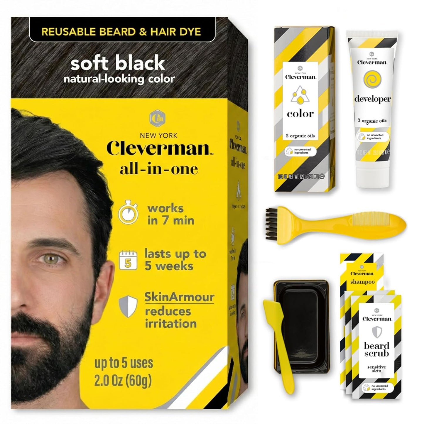 Cleverman Reusable Hair & Beard Dye for Men - Light Brown | Natural Gray Coverage, No-Drip Cream, 5 Uses in 7 Minutes
