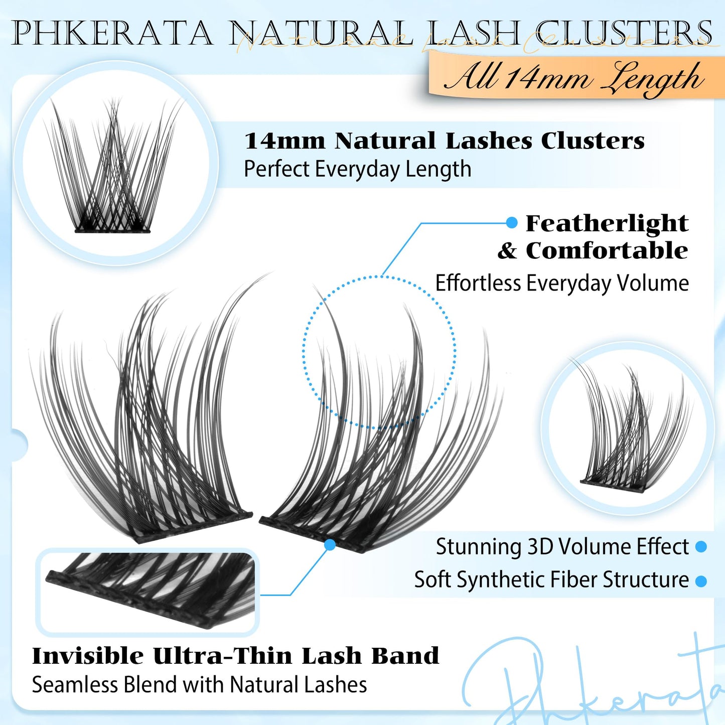 PHKERATA 14mm Natural Cluster Lashes Wispy Eyelash Clusters DIY Individual Lashes C Curvature Eyelash Extensions for Daily Wear with Soft Lash Band