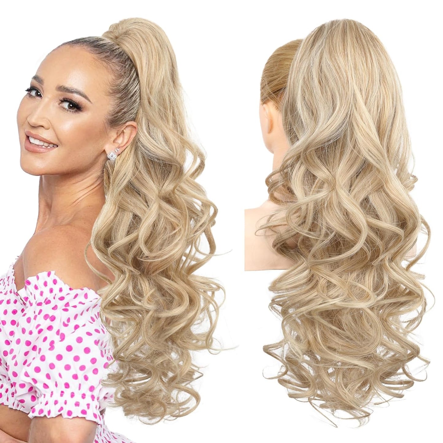 Ponytail Extension - 24" Claw Clip In Long Curly Wavy Hairpiece | Medium Blonde with Highlights